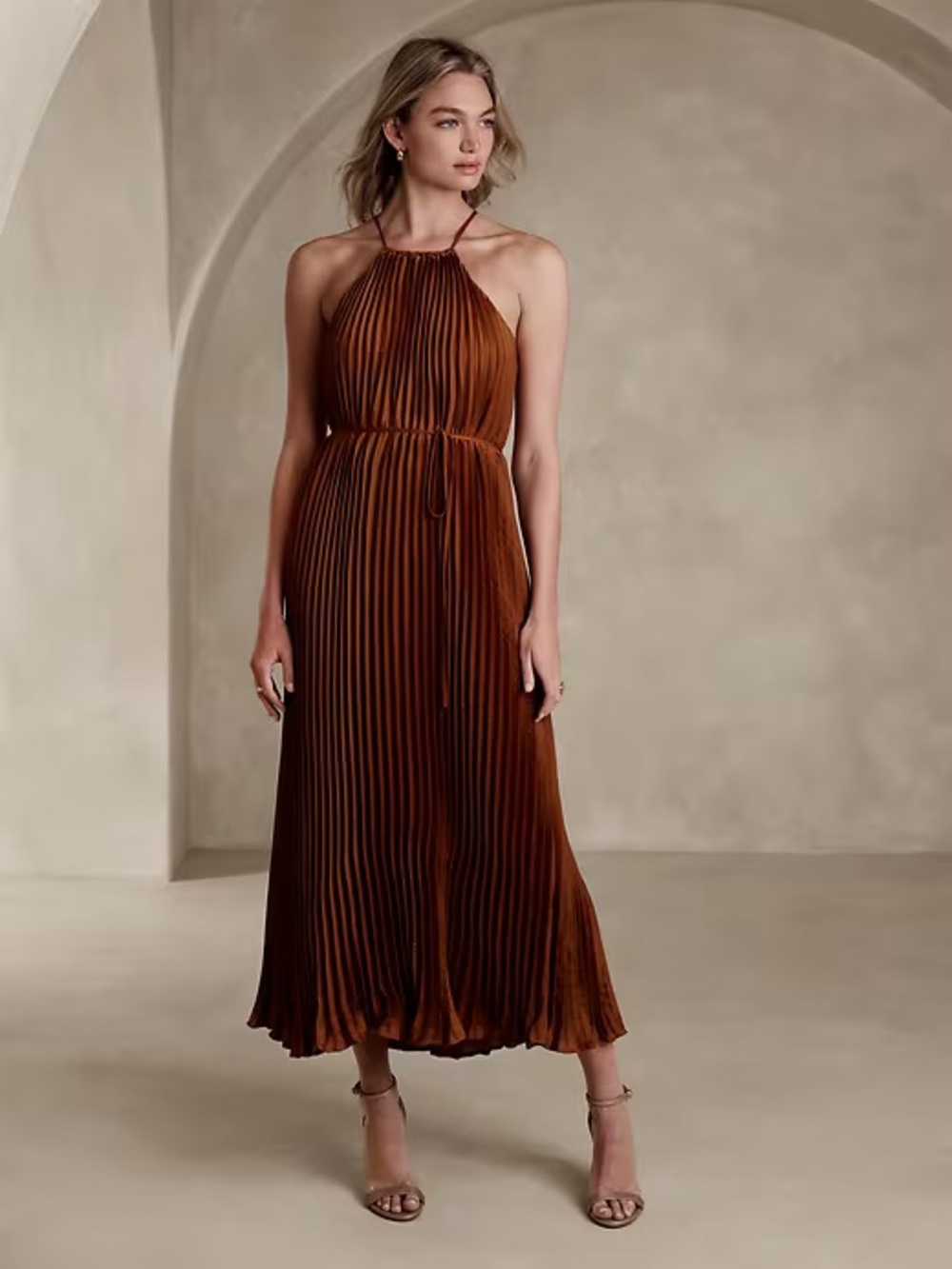 Banana Republic Rust Pleated Halter Midi Dress